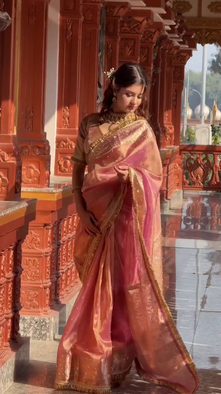 Women’s Peach Pink Silk Saree with Golden Border