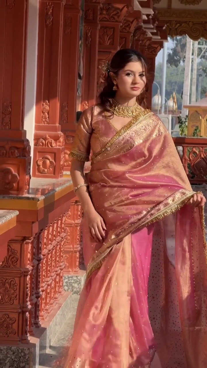 Women’s Peach Pink Silk Saree with Golden Border - Image 2