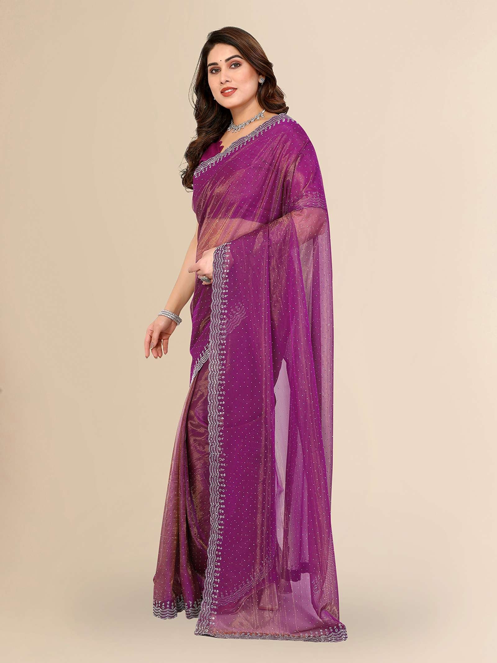 Wine Purple Shimmer Saree for Women – Soft Net Glitter Saree with Elegant Drape - Image 4