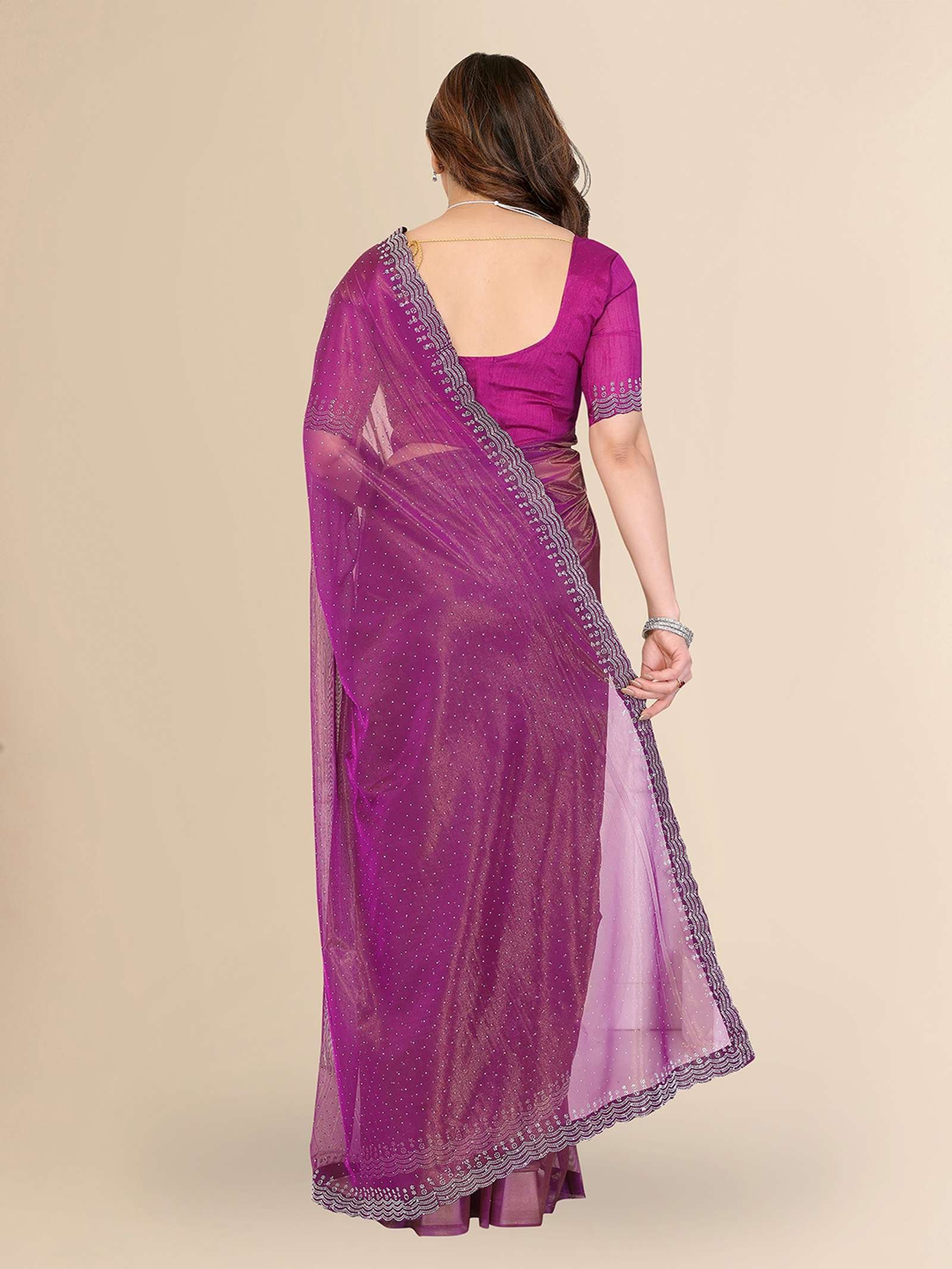 Wine Purple Shimmer Saree for Women – Soft Net Glitter Saree with Elegant Drape - Image 3