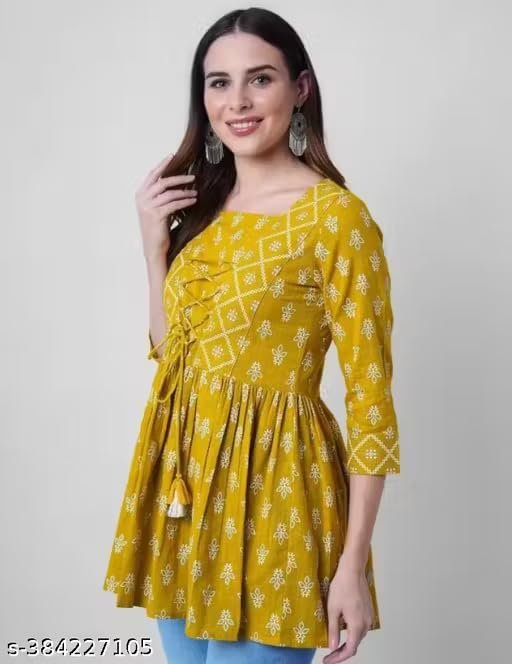 Women’s Boho Printed Peplum Top | Mustard Floral Casual Blouse with Puff Sleeves - Image 4
