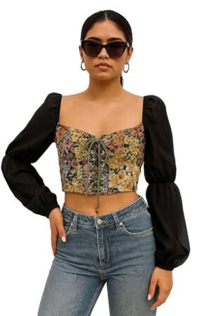 Vintage Floral Corset Style Crop Top with Puff Sleeves – Women’s Boho Tie-Front Blouse