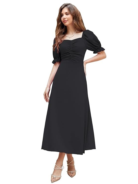Women's Solid A-Line Ruched Puff Sleeve Maxi Long Evening One Piece