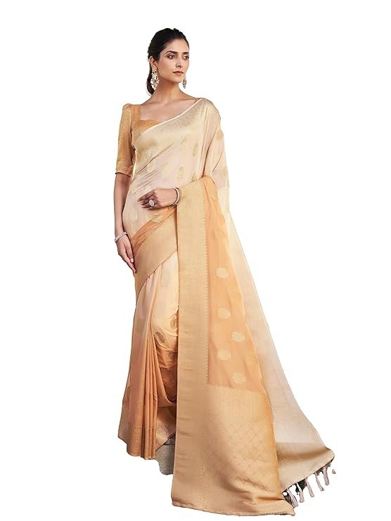 Banarasi Georgette Woven Work Half & Half Saree For Women With Gold Zari Border & Unstitched Blouse Piece - Image 2