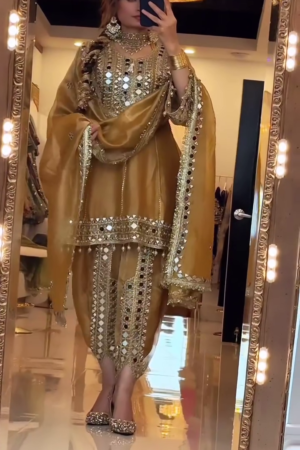 Women's Gold Mirror Work Dhoti Suit Set with Embellished Dupatta | Festive & Wedding Wear Ethnic Set