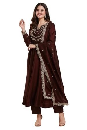 Brown Embroidered Anarkali Kurta Set with Dupatta | Elegant Festive & Ethnic Wear for Women