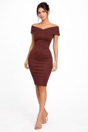 Brown Off-Shoulder Bodycon Dress for Women | Elegant Party, Cocktail & Evening Wear