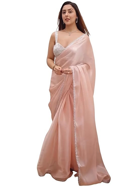 Blush Pink Designer Saree with Embroidered Border & Sleeveless Blouse | Elegant Party Wear Saree - Image 6