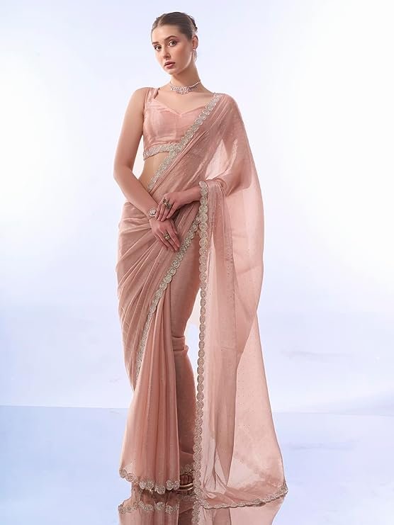 Blush Pink Designer Saree with Embroidered Border & Sleeveless Blouse | Elegant Party Wear Saree