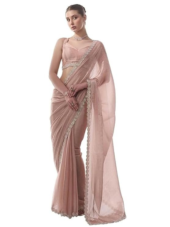 Blush Pink Designer Saree with Embroidered Border & Sleeveless Blouse | Elegant Party Wear Saree - Image 2