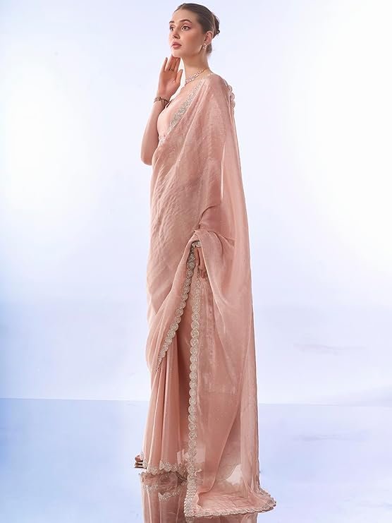 Blush Pink Designer Saree with Embroidered Border & Sleeveless Blouse | Elegant Party Wear Saree - Image 5