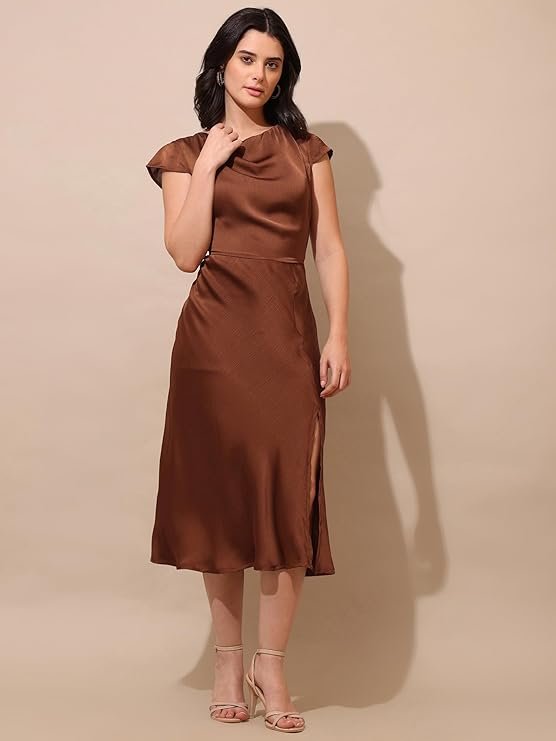 Chocolate Brown Satin Midi Dress for Women | Elegant Cowl Neck Party & Formal Wear Dress - Image 2