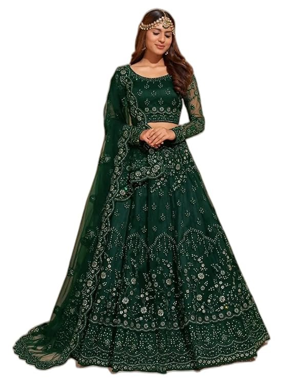 Emerald Green Embroidered Lehenga Choli for Women | Designer Wedding Party Wear Lehenga with Dupatta - Image 2