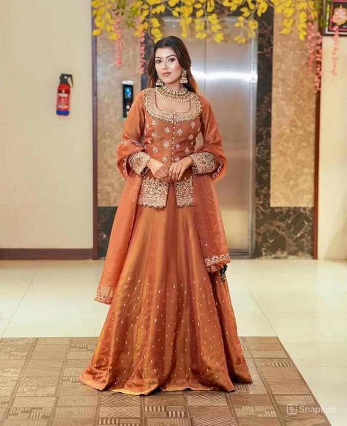 Copper Brown Embroidered Ethnic Gown for Women with Dupatta | Designer Party Wear Anarkali Gown Set - Image 2