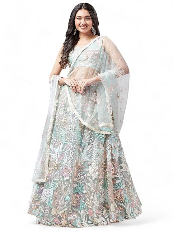 Pastel Mint Embroidered Lehenga Choli for Women | Designer Floral Wedding Party Wear Lehenga with Net Dupatta