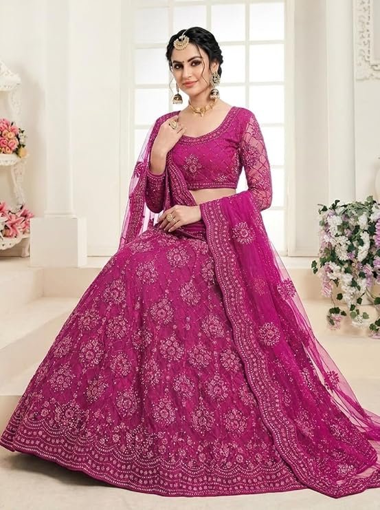 Magenta Pink Embroidered Lehenga Choli for Women | Designer Wedding Party Wear Lehenga with Net Dupatta - Image 2