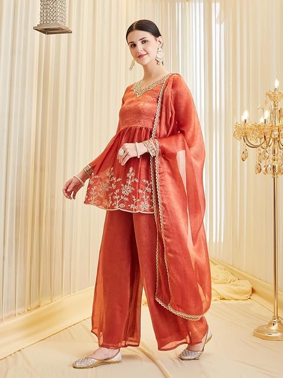 Rust Orange Embroidered Kurta Palazzo Set for Women with Dupatta | Festive & Party Wear Ethnic Suit - Image 3