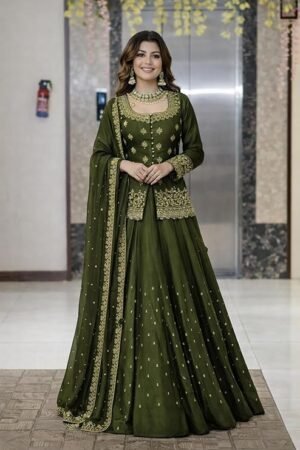 Dark Green Embroidered Anarkali Suit Set with Dupatta | Designer Festive & Wedding Wear Gown