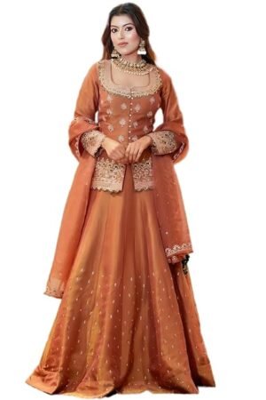 Copper Brown Embroidered Ethnic Gown for Women with Dupatta | Designer Party Wear Anarkali Gown Set