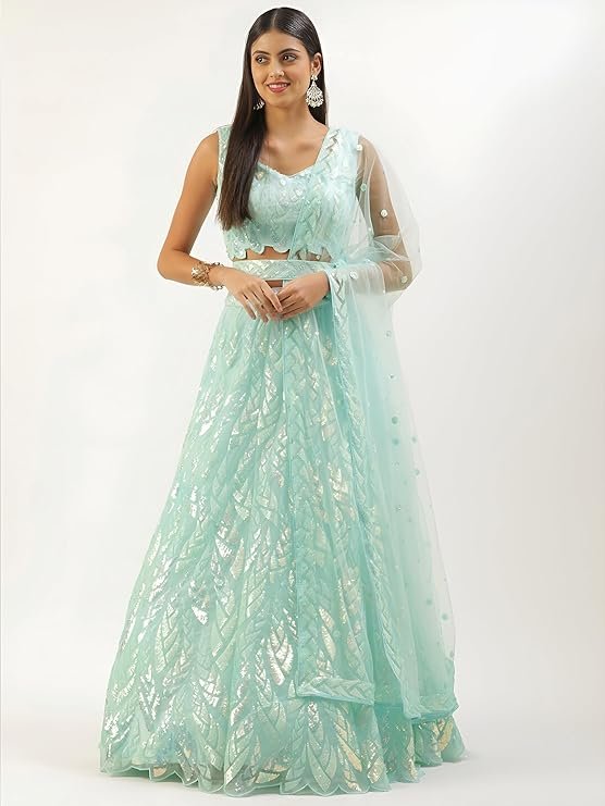 Women's Mint Green Embroidered Lehenga Choli with Net Dupatta | Designer Festive & Wedding Wear Set