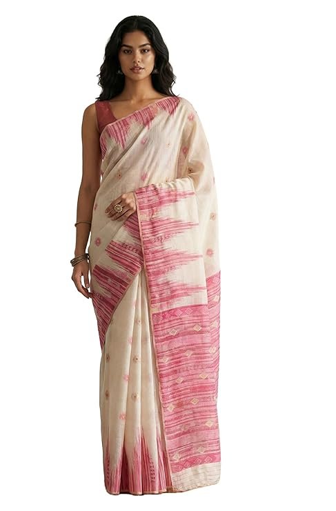 Elegant Off-White Cotton Linen Saree with Pink Woven Border | Traditional & Festive Wear