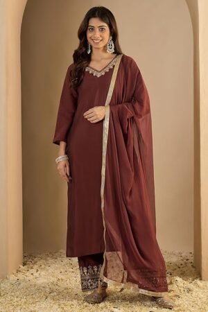 Wine Brown Kurta Pant Set for Women with Dupatta | Elegant Ethnic Suit for Festive & Party Wear