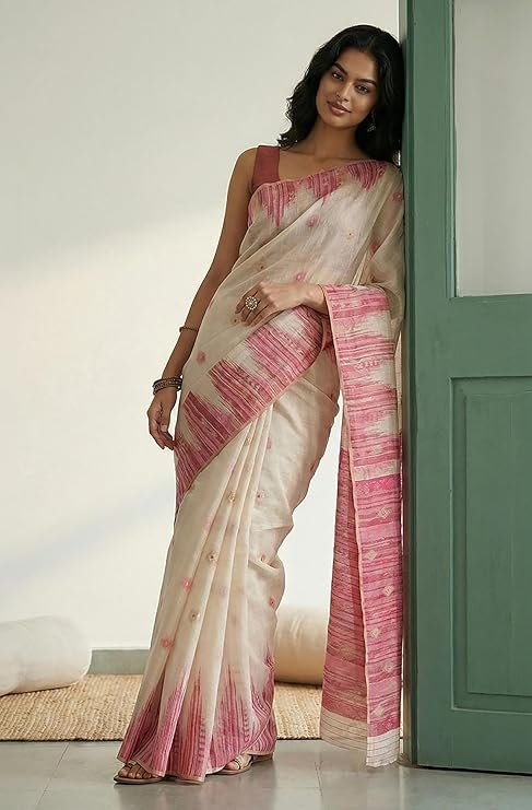 Elegant Off-White Cotton Linen Saree with Pink Woven Border | Traditional & Festive Wear - Image 2