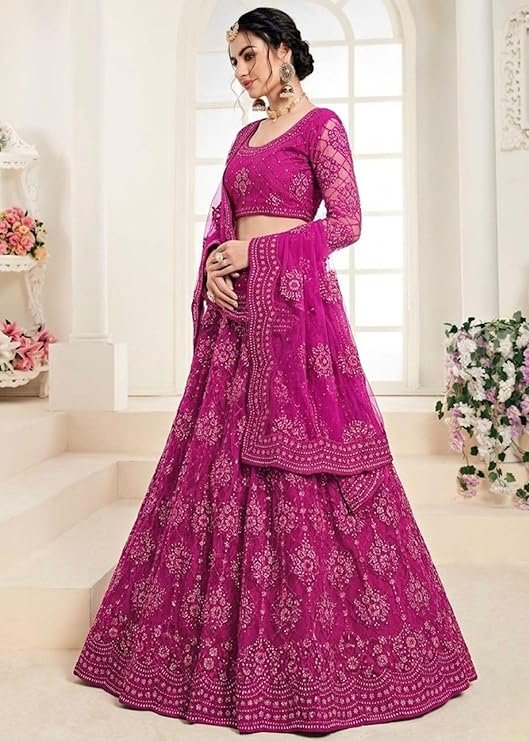 Magenta Pink Embroidered Lehenga Choli for Women | Designer Wedding Party Wear Lehenga with Net Dupatta - Image 4