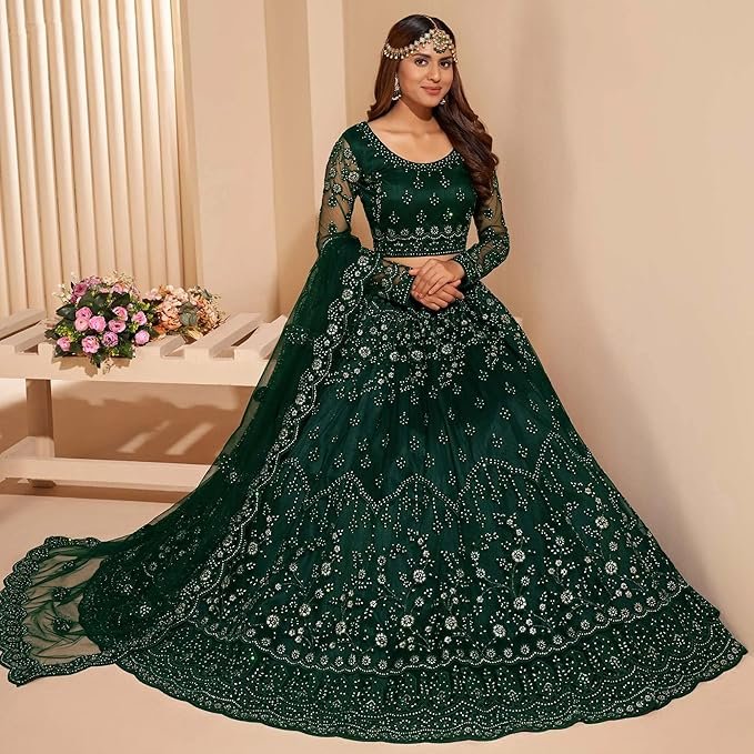Emerald Green Embroidered Lehenga Choli for Women | Designer Wedding Party Wear Lehenga with Dupatta