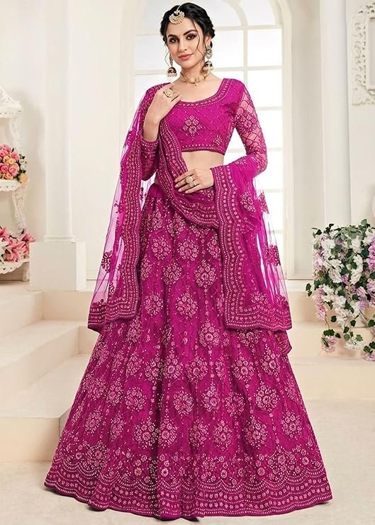 Magenta Pink Embroidered Lehenga Choli for Women | Designer Wedding Party Wear Lehenga with Net Dupatta