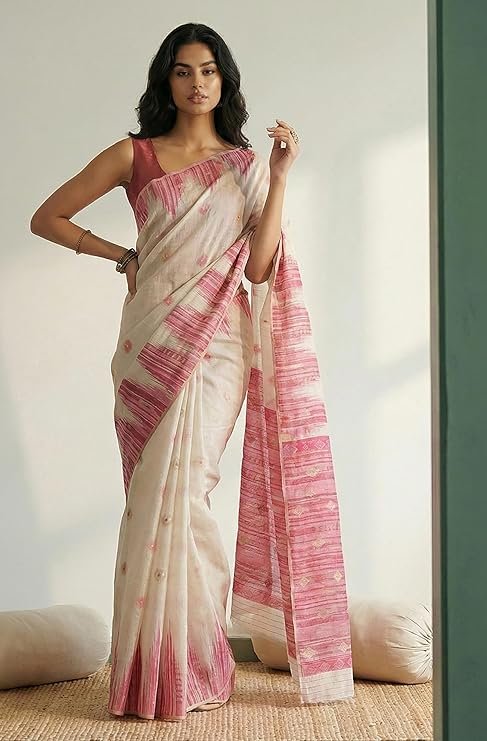 Elegant Off-White Cotton Linen Saree with Pink Woven Border | Traditional & Festive Wear - Image 3