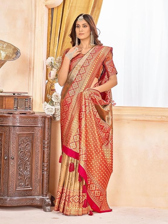 Golden Beige Banarasi Silk Saree with Red Zari Border | Luxury Wedding & Festive Wear Saree - Image 3
