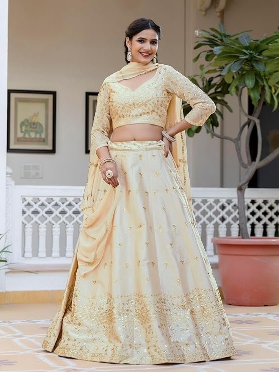 Ivory Cream Embroidered Lehenga Choli for Women | Designer Wedding & Festive Wear Lehenga with Dupatta - Image 4