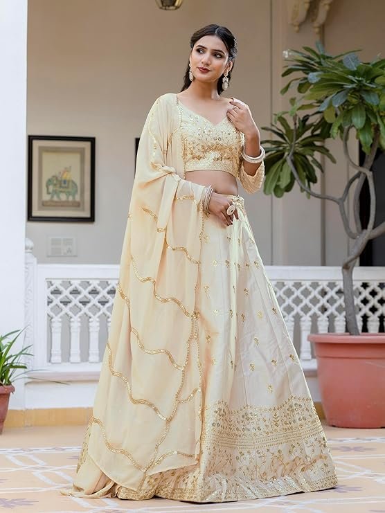 Ivory Cream Embroidered Lehenga Choli for Women | Designer Wedding & Festive Wear Lehenga with Dupatta - Image 3