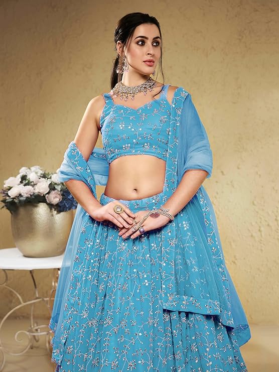 Sky Blue Embroidered Lehenga Choli with Dupatta | Designer Wedding & Party Wear Lehenga Set - Image 2