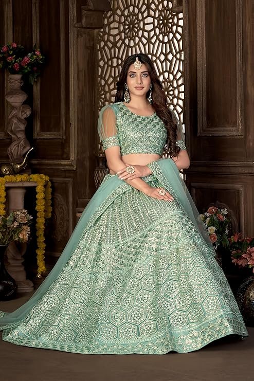 Sea Green Embroidered Lehenga Choli with Net Dupatta | Designer Wedding & Reception Wear Lehenga - Image 2