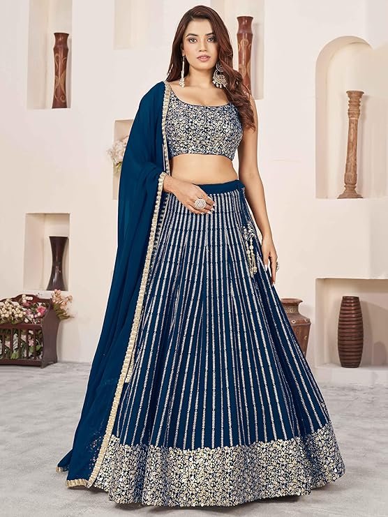 Navy Blue Embroidered Lehenga Choli with Dupatta | Designer Wedding & Party Wear Lehenga