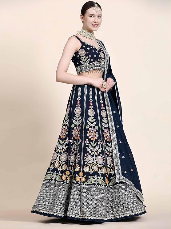 Navy Blue Embroidered Lehenga Choli with Dupatta | Designer Wedding & Bridal Party Wear Lehenga - Image 3