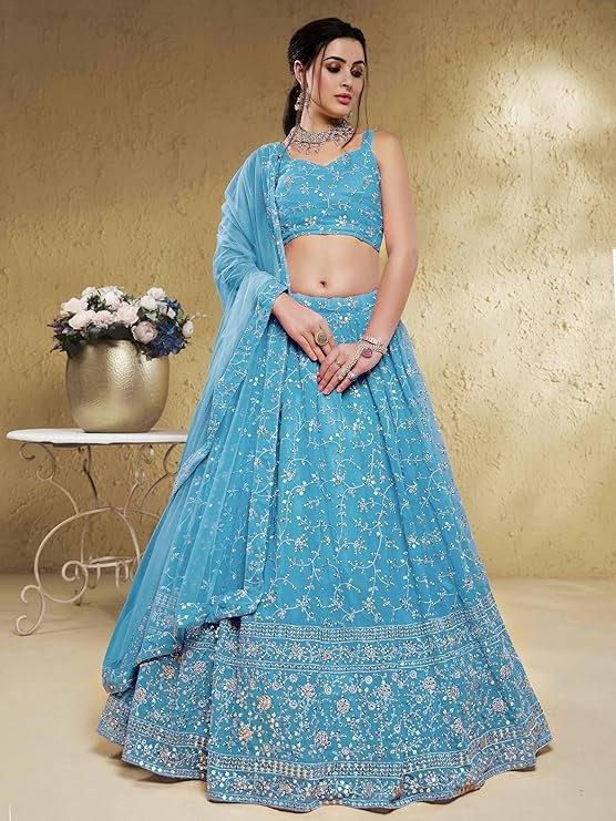 Sky Blue Embroidered Lehenga Choli with Dupatta | Designer Wedding & Party Wear Lehenga Set - Image 4