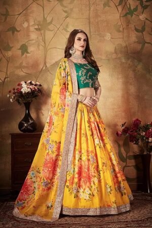 Yellow Floral Printed Lehenga Choli for Women with Green Embroidered Blouse | Festive & Wedding Wear