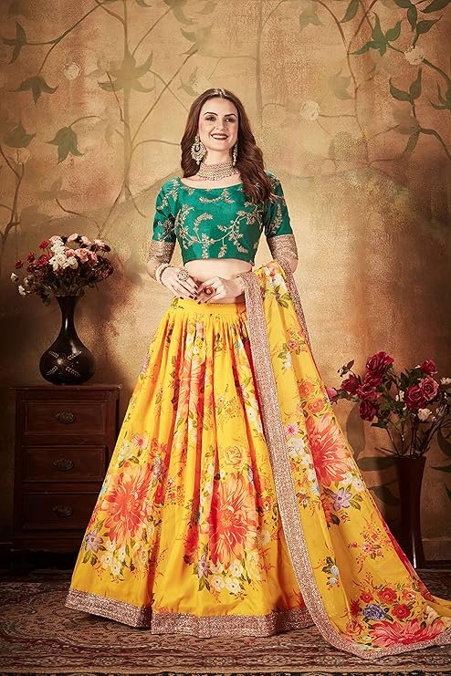 Yellow Floral Printed Lehenga Choli for Women with Green Embroidered Blouse | Festive & Wedding Wear - Image 3
