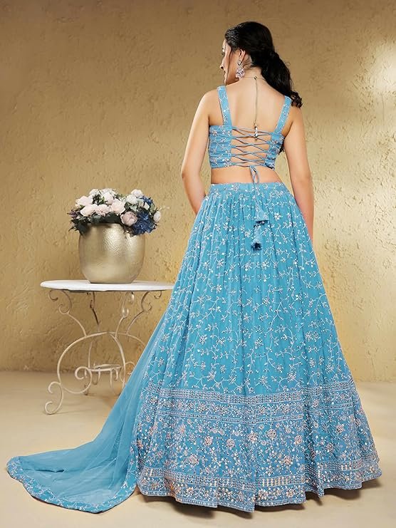 Sky Blue Embroidered Lehenga Choli with Dupatta | Designer Wedding & Party Wear Lehenga Set - Image 3